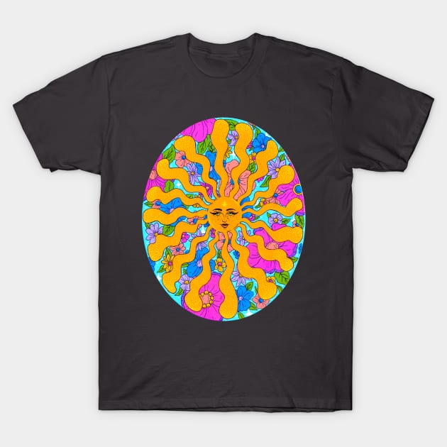 Sunshine State of Mind - Retro Sun and Florals T-Shirt by rosiemoonart